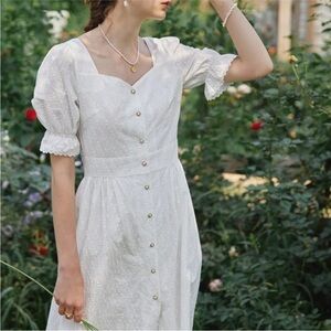 Simple Retro victorian button down front short sleeve cotton Elegant Cream Dress